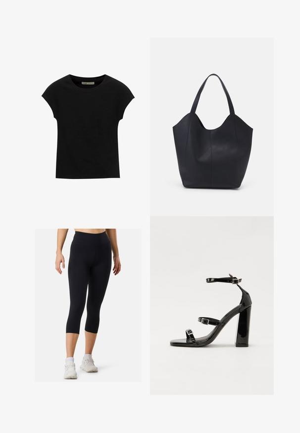 T-shirt noir à manches courtes avec un col rond. Confectionné en coton lisse et extensible. Design simple sans motifs ni graphismes.; Leggings de sport noirs avec une taille haute et une longueur raccourcie, fabriqués en tissu lisse, associés à des baskets blanches et des chaussettes de longueur mi-mollet.; Sandales à talons vernies noires avec un bout carré, des sangles autour de la cheville et des boucles en argent. Dotées d'un talon bloc épais pour plus de stabilité.; Sac fourre-tout noir en cuir lisse, doté d'un haut ouvert et courbé avec deux brides d'épaule et un design minimaliste.
