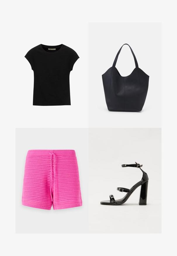 Črna kratka majica s kratkimi rokavi in okroglim izrezom. Iz gladke, raztegljive bombažne tkanine. Preprost dizajn brez vzorcev ali grafike.; Roza pletene kratke hlače z teksturiranim vzorcem, elastičnim pasom z nastavljivim vrvico in dolžino do sredine stegna.; Črne lakirane sandale s peto, kvadratnim prstom, trakovi okrog gležnja in srebrnimi zaponkami. Opremljene so s stabilno Debelo peto.; Črna torba v obliki tote iz gladke usnjene površine, ki ima ukrivljen odprt vrh z dvema naramnicama in minimalističnim dizajnom.
