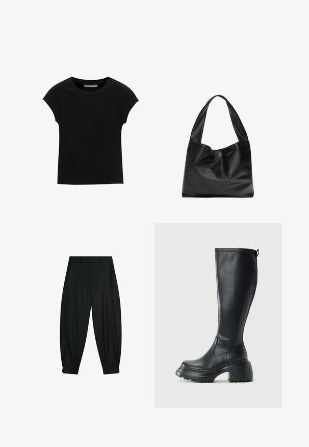 Svart T-shirt med korta ärmar och rund halsringning. Tillverkad av mjukt, elastiskt bomullstyg. Enkel design utan mönster eller grafik.; Svarta skräddarsydda byxor med en slät yta, med en knäppning i midjan, två sidofickor och uppvikta fållar för en smal passform.; Höga svarta läderstövlar med kraftig plattformssula och blockklack, med dragflik och strukturerat mönster på yttersulan.; Svart läder tote-väska med en mjuk, sluttande design, breda handtag och slät yta. Ingen synlig hårdvara eller utsmyckningar.