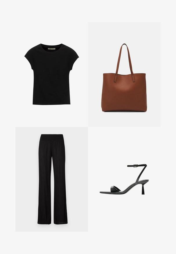 Svart T-shirt med korta ärmar och rund halsringning. Tillverkad av mjukt, elastiskt bomullstyg. Enkel design utan mönster eller grafik.; Svarta vidbenade byxor med smockad midja, tillverkade av lätt tyg med en subtil textur och rak, flödande skärning.; Bershka Sandaletter - black; Brun läder tote-väska med en slät textur, öppen toppdesign och två axelremmar. Har minimal söm och ingen synlig metalldetalj.