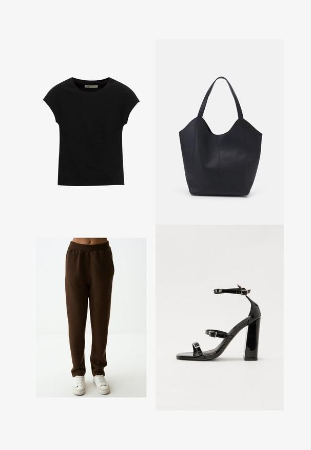 Schwarzes T-Shirt mit kurzen Ärmeln und rundem Ausschnitt. Hergestellt aus glattem, elastischem Baumwollstoff. Einfaches Design ohne Muster oder Grafiken.; Braune Fleece-Jogginghosen mit elastischem Bund und Seitentaschen, mit einer weichen Textur und einer lässigen Passform, kombiniert mit weißen Sneakers.; Schwarze patentierte Sandalen mit Absatz, quadratischer Spitze, Knöchelriemen und silbernen Schnallen. Mit einem stabilen Blockabsatz für mehr Stabilität.; Schwarze Tote-Bag aus glattem Leder, mit einem abgerundeten, offenen Oberteil, zwei Schulterträgern und einem minimalistischen Design.