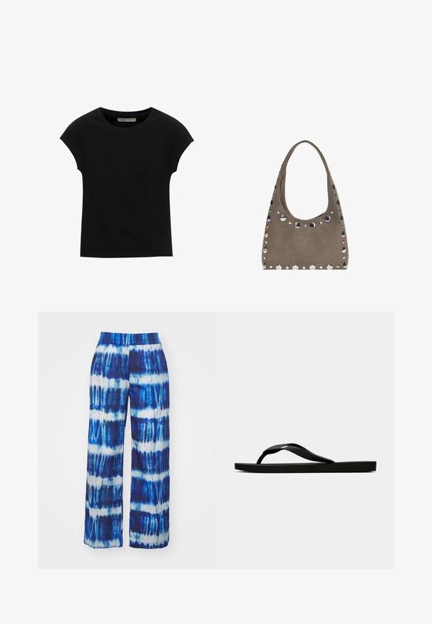 Sort T-shirt med korte ærmer og rund halsudskæring. Fremstillet af glat, elastisk bomuldsstof. Simpelt design uden mønstre eller grafik.; Vide ben bukser med et blå-og-hvidt tie-dye mønster samt en elastisk talje. Fremstillet af et letvægtigt, åndbart stof.; Sorte gummiflip-flopsandaler med en tekstureret rem og simpel flad sål, vist fra siden på en lys ensfarvet baggrund.; PULL&BEAR SHOPPER - Shopping bags - grey