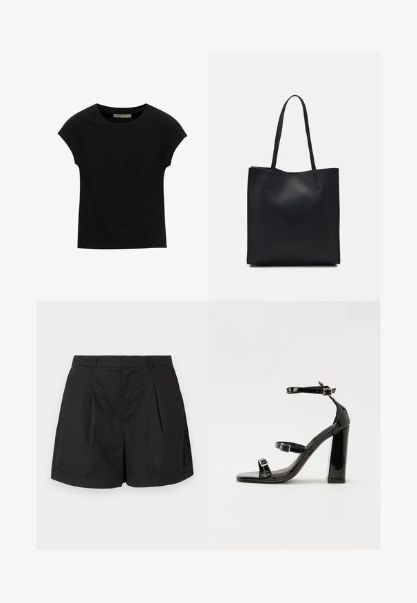 Black short-sleeved T-shirt with a round neckline. Made from smooth, stretchy cotton fabric. Simple design with no patterns or graphics.; Black shorts made from a lightweight, smooth fabric. Features pleats at the front, a tailored silhouette, and a rolled cuff at the hem.; Black patent heeled sandals with a square toe, ankle straps, and silver buckles. Features a chunky block heel for stability.; Black leather tote bag with smooth texture, rectangular shape, and two long handles. No visible hardware or embellishments.