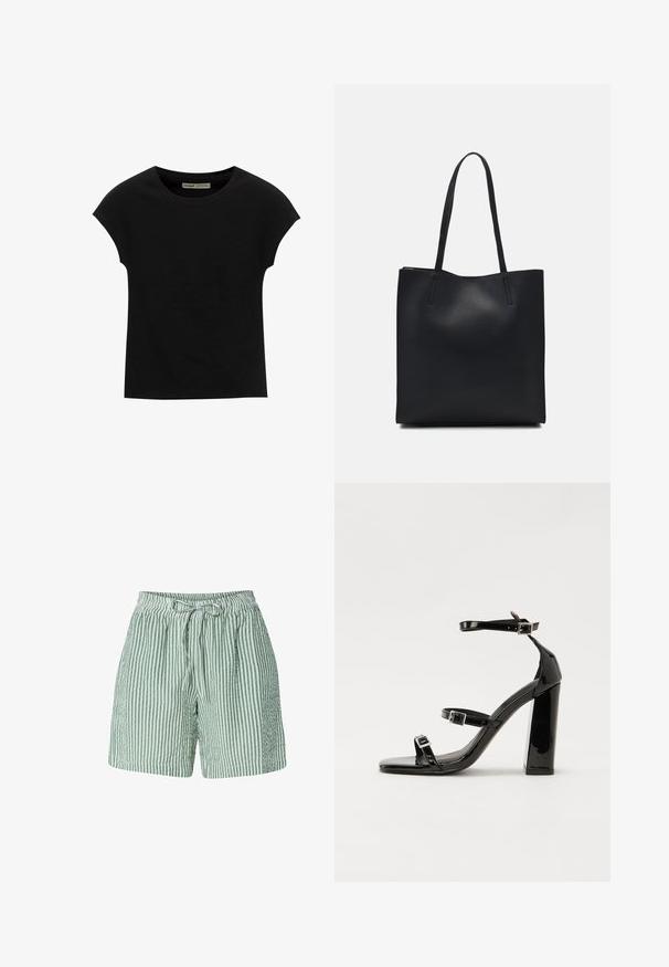 Musta lyhythihainen T-paita, jossa pyöreä kaula-aukko. Valmistettu sileästä, joustavasta puuvillakankaasta. Yksinkertainen malli ilman kuvioita tai grafiikoita.; Vihreät ja valkoiset raidalliset shortsit, joissa on teksturoitu kangas, joustava vyötärö ja nyöri. Rennon, polveen ulottuvan muotoilun ansiosta ne ovat erittäin mukavat.; Musta kiiltävä korkokenkä sandaalit neliönmuotoisella varpaalla, nilkkaremmillä ja hopeisilla soljilla. Varustettu tukevalla lohkokorkealla vakauden takaamiseksi.; Mustapahkainen kangaskassi, jossa on sileä pinta, suorakaiteen muotoinen ja kaksi pitkää kahvaa. Ei näkyvää metalliosaa tai koristeita.