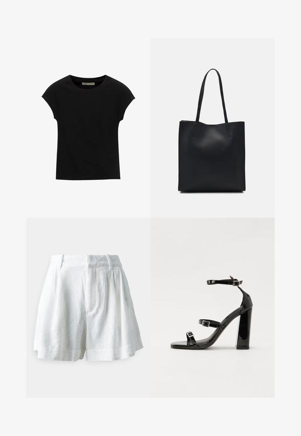 Maglietta nera a maniche corte con scollo rotondo. Realizzata in tessuto di cotone liscio ed elastico. Design semplice senza motivi o grafiche.; GAP Shorts - new off white; Sandali con tacco in vernice nera, con punta squadrata, cinturini alla caviglia e fibbie in argento. Presentano un tacco a blocco spesso per maggiore stabilità.; Borsa tote in pelle nera con texture liscia, forma rettangolare e due manici lunghi. Nessun hardware o decorazione visibile.