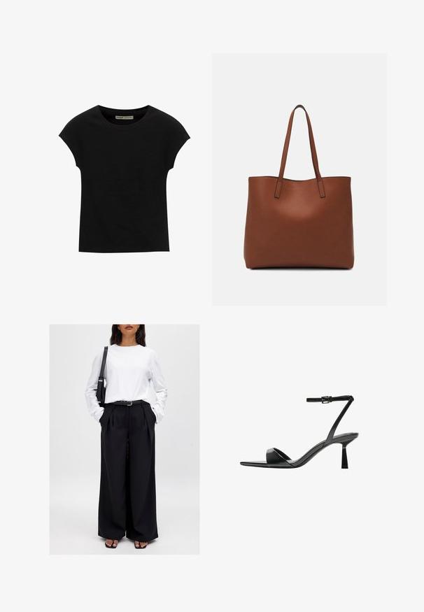 Črna kratka majica s kratkimi rokavi in okroglim izrezom. Iz gladke, raztegljive bombažne tkanine. Preprost dizajn brez vzorcev ali grafike.; NA-KD Hlače - black; Bershka Sandali z visoko peto - black; Rjava usnjena torba z gladko teksturo, odprto zasnovo zgoraj in dvema naramnima trakovoma. Opremljena je z minimalnim šivanjem in brez vidnih kovinskih delov.