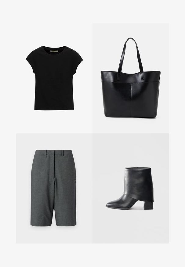 PULL&BEAR Základné tričko - black; Tmavošedé upravené šortky s textúrovanou tkaninou, s jedným predným záhybom, pútkami na opasok, bočnými vreckami a malým logom na nohe.; Čierna kožená členková obuv s špicatou špičkou, hladkou textúrou a štruktúrovaným blokovým podpätkom. Obsahuje vysoký, prehnutý dizajn.; Čierna kožená tote taška s dvoma dlhými rúčkami, hladkým povrchom a štruktúrovaným tvarom. Obsahuje prednú kapsu pre dodatočné uskladnenie.