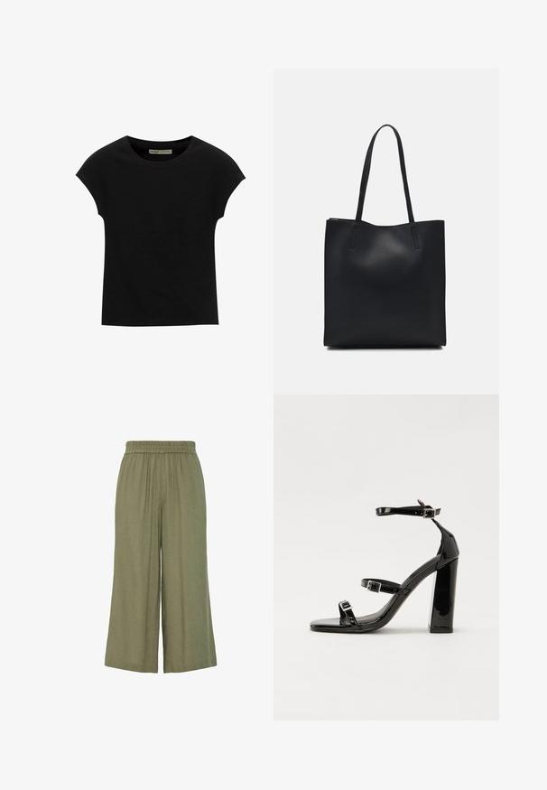 Zwart T-shirt met korte mouwen en een ronde halslijn. Gemaakt van soepel, rekbaar katoenen stof. Eenvoudig ontwerp zonder patronen of afbeeldingen.; Groene wijde broek gemaakt van lichte stof, met een elastische tailleband en geplooid ontwerp, geschikt voor casual draag.; Zwarte gepatenteerde sandalen met hak en een vierkante neus, enkelbandjes en zilveren gespen. Heeft een stevige blokhak voor stabiliteit.; Zwarte leren handtas met een gladde textuur, rechthoekige vorm en twee lange handvaten. Geen zichtbare hardware of versieringen.