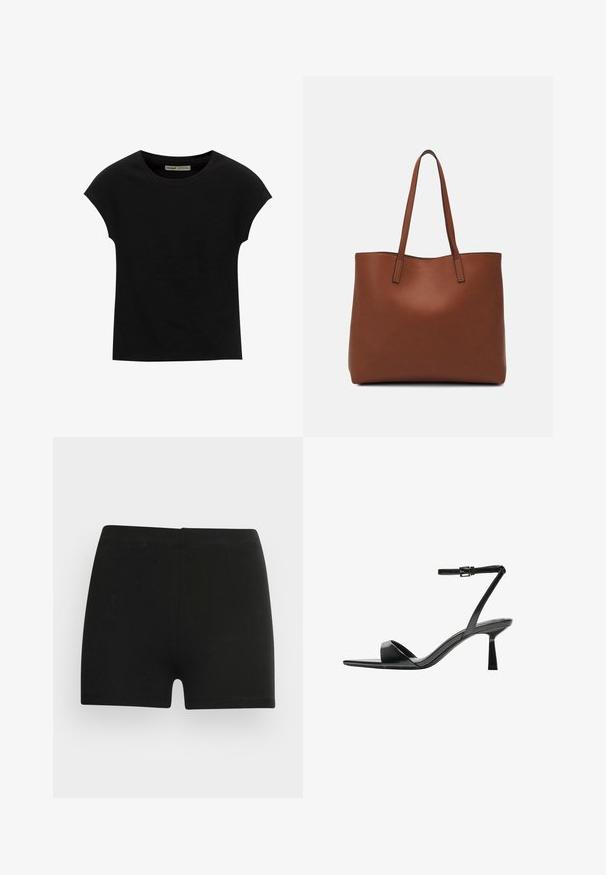 Svart T-shirt med korta ärmar och rund halsringning. Tillverkad av mjukt, elastiskt bomullstyg. Enkel design utan mönster eller grafik.; Svarta bomullsshorts med en nära passform och elastisk midjeband. Slät yta, mitt-lår längd, och inga synliga mönster eller detaljer.; Bershka Sandaletter - black; Brun läder tote-väska med en slät textur, öppen toppdesign och två axelremmar. Har minimal söm och ingen synlig metalldetalj.