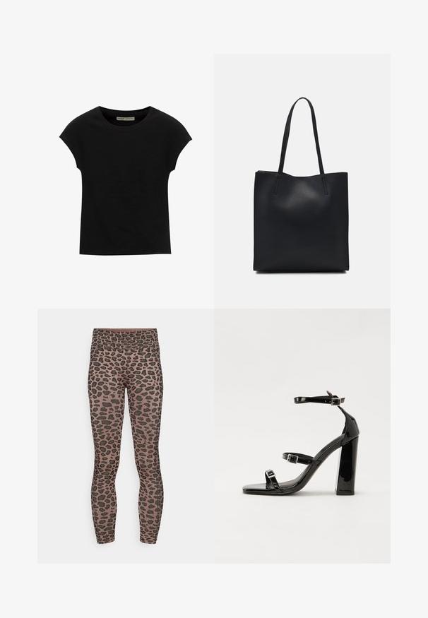 PULL&BEAR T-shirts basic - black; ONLY Play ONPANI SEAM - Tights - walnut/black; Sorte patenterede hælsandaler med firkantet tå, ankelremme og sølvspænder. Har en chunky blokHæl for stabilitet.; Sort læder tote taske med glat tekstur, rektangulær form og to lange hanke. Ingen synlig hardware eller udsmykninger.