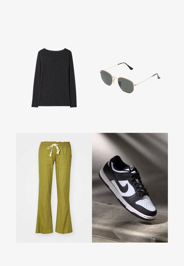 Långärmad svart t-shirt i en texturerad kvalitet, med en rundad halsringning och subtila inslag av ljusare färg genom hela plagget.; Gröna linnebyxor med utsvängd design, elastisk midja och justerbar dragsko. Har två sidofickor och en slät yta.; Svart och vit Nike Dunk Low sneaker med ovandel i läder, perforerad tånbox och svarta snören, med en vit sula och logotypdetaljer.; Guldmetallramda solglasögon med mörkgröna linser, pilotstil, med smala armfästen och sköldpaddsmönstra detaljer på spetsarna.; Svart toteväska med geometriskt mönster, tillverkad av texturerat material. Har stadiga handtag och en etikett, strukturerad form.