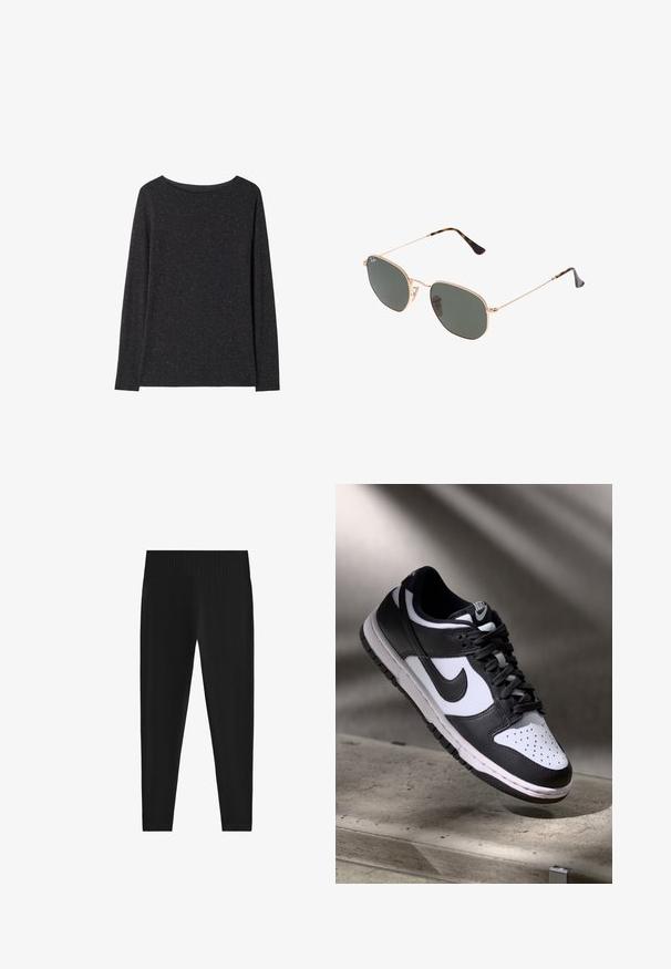 Dlouhý rukáv černého trička v texturovém materiálu, s kulatým výstřihem a jemnými skvrnkami světlé barvy po celém povrchu.; Černé legíny vyrobené z elastického materiálu. Mají široký žebrovaný pás a přiléhavý střih, který se u kotníků zužuje.; Černobílé tenisky Nike Dunk Low s koženým svrškem, perforovanou špičkou a černými tkaničkami, s bílou podrážkou a akcenty loga.; Sluneční brýle s kovovým zlatým rámem a tmavě zelenými skly, styl aviatorek, s úzkými obroučkami a želvovinovými akcenty na špičkách.; Černá taška na rameno s geometrickým vzorem, vyrobená z texturovaného materiálu. Má pevné ucha a visačku, strukturovaný tvar.