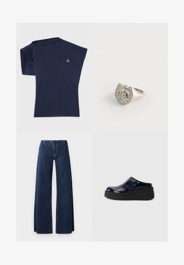 Mörkblå t-shirt med kort ärm och rund halsringning samt en axelsöm som är exponerad. Har en liten broderad design nära bröstet.; Vidbyxlade denimjeans i mörkblå färg med synlig sömnad, framfickor och knappstängning. Tillverkade av ett robust denimtyg.; Mörkblå lackläderträskor med en slät finish, med en tjock svart plattformssula och synlig sömnad längs botten.; Silverring formad som en hästsko, prydd med små klara stenar längs den yttre kanten och en central design som föreställer ett kors.