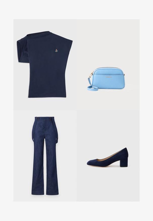 Námořnická modrá tričko s krátkým rukávem a kulatým výstřihem, s jedním odhaleným švem na rameni. Obsahuje malý vyšívaný motiv poblíž hrudníku.; Tmavě modré džínové široké kalhoty s vysokým pasem a viditelným švem. Obsahují boční kapsy a mají uvolněný střih.; Námořnicky modré semišové lodičky s špičatou špičkou a středně vysokým blokovým podpatkem. Hladká textura s jemným leskem a malým výřezem na přední části.; Svetle modrá kožená crossbody taška se zlatými kovovými doplňky, zipovým uzávěrem a přední kapsou. Obsahuje nastavitelné ramenní popruh pro pohodlí.