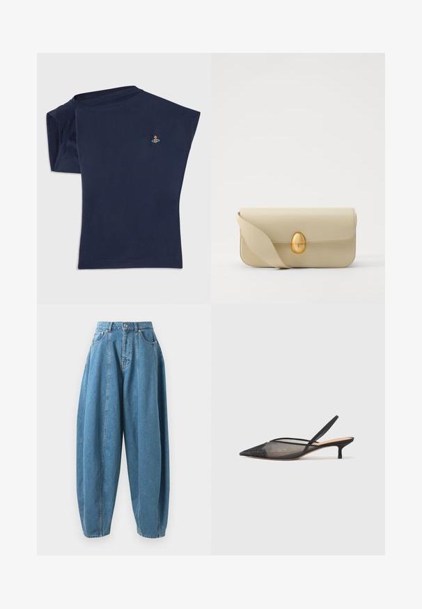 T-shirt azul-marinho de mangas curtas com decote redondo e uma costura do ombro exposta. Apresenta um pequeno design bordado perto do peito.; Jeans de denim azul de cintura alta e corte largo, com pregas, bolsos frontais, passadores de cinto e fecho de botão e zíper.; NEOUS IRENA - Saltos clássicos - black; Bolsa de mão em pele bege com uma textura lisa, forma retangular e um fecho oval dourado. Possui uma alça longa e ajustável.