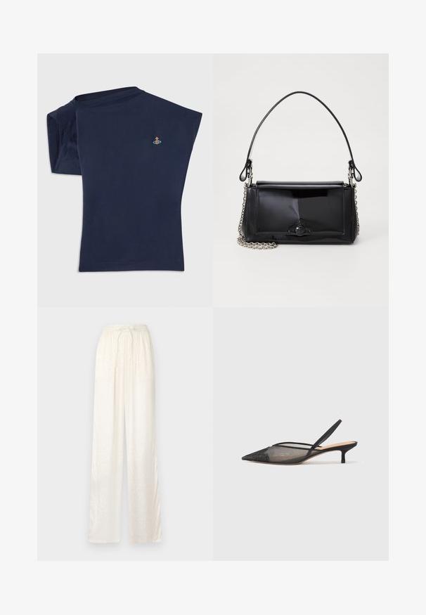 Navyblauwe T-shirt met korte mouwen, een ronde hals en één schoudernaad blootgesteld. Bevat een kleine geborduurde design nabij de borst.; Witte, losse broek gemaakt van een lichtgewicht, satijnachtige stof. Heeft een elastische tailleband met een geknoopt trekkoord en een subtiel patroon.; NEOUS IRENA - Klassieke pumps - black; Zwart gepatineerd leren handtas met een rechthoekige vorm, kettingband en een opvallend hardwareaccent in het midden. Gladde textuur.