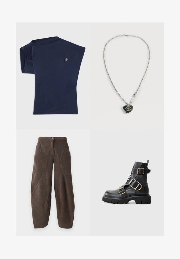 Tamsiai mėlyna trumpomis rankovėmis marškinėliai su apvaliu iškirpimu ir vienu peties siūlu atviru. Papuošti mažo siuvinėjimo dizainu prie krūtinės.; Rudos plačiakojai kordūrų kelnės su aukštu liemeniu, priekiniais sagčių užsegimais ir kampinėmis siūlėmis ant kojų.; Juodas odinis kulkšninis batas su masyviu padu, turintis kelias juostas ir auksinius aksesuarus. Lygi tekstūra, tvirtas dizainas.; Sidabrinė grandinėlės vėrinys su širdies formos juodu pakabuku, puoštas auksinėmis detalėmis, šalia pakabuko pritvirtintas blizgus saugos smeigtukas.