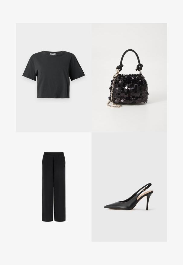 Svart kortärmad t-shirt med rund halsringning, uppvisad mot en enkel vit bakgrund.; Svarta vida byxor i mjukt tyg med elastisk midja. Har en liten logotypaccent på vänster sida. Slät textur och skräddarsydd form.; Svart läder högklackad slingback-sko med spetsig tå, slät yta och ett delikat band med en metallspänne.; Svart paljett mini-handväska med en knuten texturerad rem och silverkedja. Rund form med samlad topp och reflekterande detaljer.