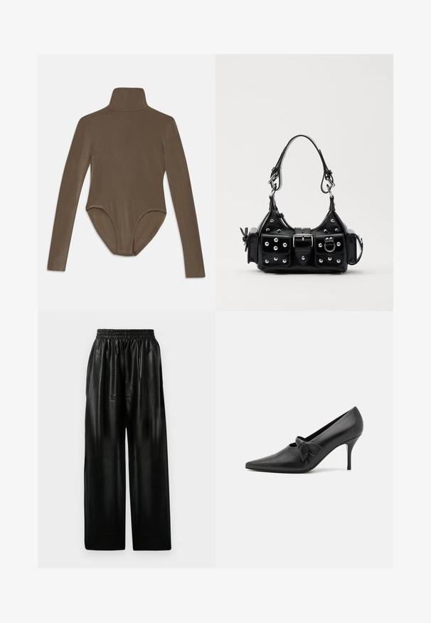 Μακρυμάνικο κορμάκι σε σκούρο καφέ ύφασμα, με ψηλό γιακά, λεία υφή και σχέδιο που έχει ανοιχτή πλάτη, προσφέροντας στενή εφαρμογή.; Μαύρο δερμάτινο παντελόνι σε φαρδύ κόψιμο με ελαστική μέση, που διαθέτει δύο πλευρικές τσέπες και απαλό, γυαλιστερό υφή.; GIABORGHINI ARTEMIS - Κλασικές γόβες - black; Μαύρη δερμάτινη τσάντα χειρός με καμπύλο σχεδιασμό, που διαθέτει ασημένιους στρόφους, κούμπωμα και δύο πλευρικές τσέπες. Ρυθμιζόμενος ιμάντας για επιλογές μεταφοράς.