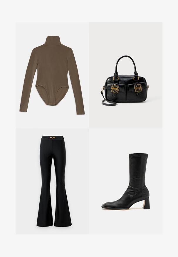 Ilgų rankovių bodis tamsiai rudos spalvos audinyje, su aukštu apykakle, lygiu tekstūru ir gilia nugara, puikiai priglundančiu siluetu.; Juodos išsiplėtusios kelnės su lygiu paviršiumi, turinčios prigludusią juosmenį ir auksinę apvalią įdėklą priekyje. Pagamintos iš elastingos medžiagos.; Juoda odinė kulkšnė batai su prigludusia apykakle, smailiu pirštu ir masyviu kulnu. Pasižymi lygiu tekstūra ir minimaliai siuvinėjimu.; Juodas tekstūruotas odinis rankinė su dviem viršutiniais laikikliais, dviem priekiniais kišenėmis ir auksiniais detalių akcentais. Apima nuimama peties juosta.