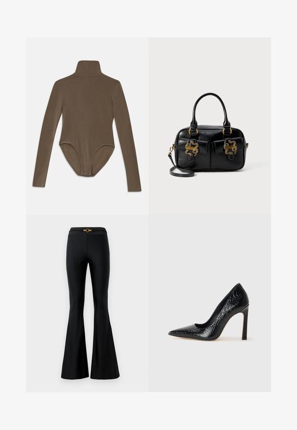 Long-sleeve bodysuit in dark brown fabric, featuring a high collar, smooth texture, and scoop back design with a snug fit.; Black flared pants with a smooth texture, featuring a fitted waist and a gold circular accent in the front. Made from stretchy material.; Black pointed-toe high heel shoe with a crocodile-skin texture, featuring a sleek design, high stiletto heel, and smooth black interior.; Black textured leather handbag with dual top handles, two front pockets, and gold hardware accents. Features a detachable shoulder strap.