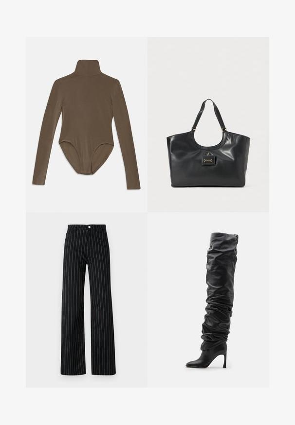 Langærmet bodysuit i mørkebrunt stof, med høj krave, glat tekstur og scoop-back design med en tætsiddende pasform.; Sorte bredbenede bukser med lodrette blå striber, der har et klassisk fem-lomme design og en frontknaplukning.; Sorte læder støvler over knæene med et afslappet design, spidse tæer og stiletto hæl. Har blød tekstur og sammenfoldede detaljer.; Sort læder tote taske med en glansfuld overflade, buet top, to skulderremme og en guldfarvet hardwaredetalje på forsiden.