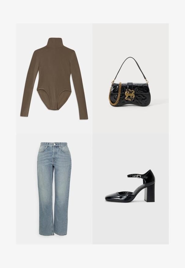 Dlouhý rukáv bodysuit v tmavě hnědé tkanině, s vysokým límcem, hladkým povrchem a designem s vykrojením na zádech, který se těsně přizpůsobuje.; Světle modré džíny z denimové tkaniny se rovnými nohavicemi, vysokým pasem, předním zapínáním na knoflík a klasickým designem pěti kapes. Měkká textura s vybledlým vzhledem.; Černé lakované kožené vysoké podpatky se čtveratou špičkou, řemínkem kolem kotníku a masivním podpatkem. Obsahuje perforované detaily na okraji.; Černá kabela z umělé kůže s vyraženým vlnitým vzorem, řetízkový popruh v zlatém odstínu a dekorační klips ve tvaru hada s logem.