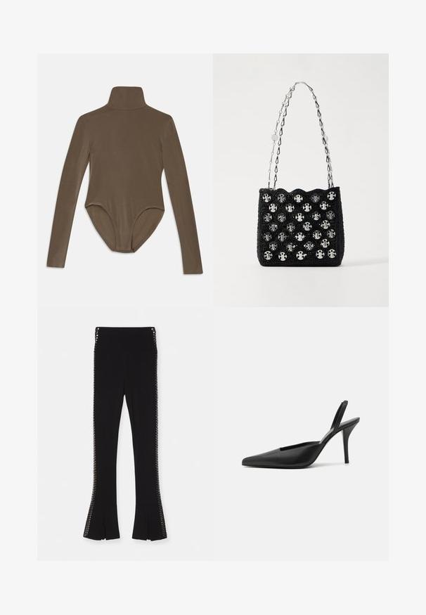 Long-sleeve bodysuit in dark brown fabric, featuring a high collar, smooth texture, and scoop back design with a snug fit.; Black flared pants with a smooth texture, featuring decorative hardware on both sides and slits at the hem.; Black slingback heeled shoes with a pointed toe, smooth leather material, and a sleek, minimalistic design. High stiletto heel.; Rabanne Handbag - black/silver