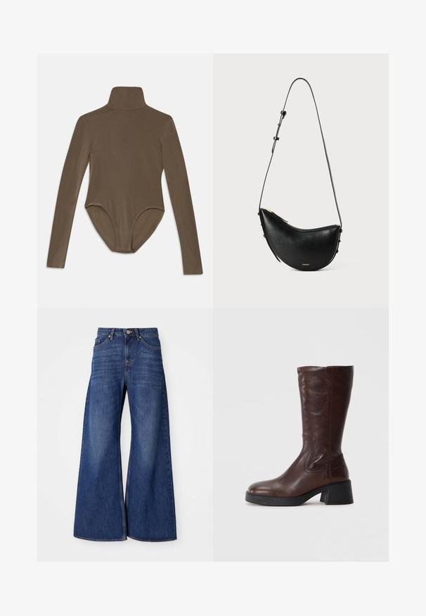 Langermet bodysuit i mørkebrunt stoff, med høy krage, glatt tekstur og scoop-back design med tettsittende passform.; Videbukser i denim i mørkeblå, med et klassisk femlommers design, knaplukning og subtile slidser langs lårene.; Brune lær knee-high støvler med tekstur, firkantet tå og lav blokkhels. Har sidesøm og en noe utsvingt topp.; Svart lærveske med buet fasong og en justerbar stropp. Har glidelås og minimalistiske detaljer i gull.