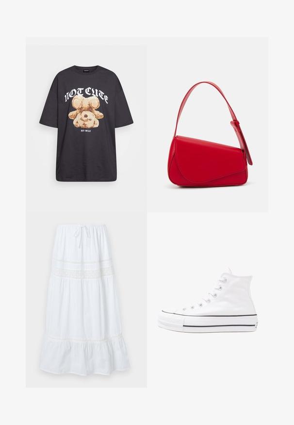 T-shirt oversized preto com uma gráfica de um urso e o texto "NÃO FOFO, MAS SELVAGEM" em letras brancas e em negrito. Material em algodão.; Saia midi branca em algodão leve, com cintura com cordão e acabamento em renda decorativa na parte superior e na barra. Silhueta ligeiramente evasé.; Sapatilha alta de tela branca com sola de borracha preta, bico de borracha na frente e seis ilhós para os atacadores, apresentando um design limpo e minimalista.; Bolsa de mão em couro vermelho com um design angular e geométrico. Apresenta uma única alça ajustável e um fecho com aba, com detalhes cosidos.