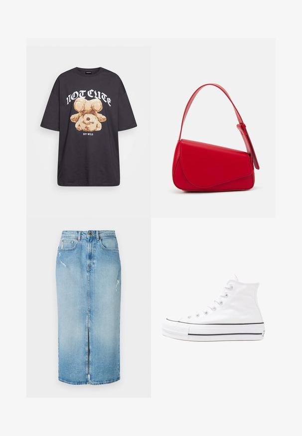 Juodas per didelis marškinėliai su bearo grafika ir tekstu "NE SIAUBINGA, BET NERAMUS" bold baltomis raidėmis. Pagaminta iš medvilnės.; Šviesiai mėlynas džinsinis midi sijonas su priekiniais įpjovimai, išblukusi tekstūra ir apdailos trūkumais. Yra diržo kilpelės ir užtrauktuko priekis.; Balti aukštakulniai drobės sportbačiai su juodu guminio pado, priekinio guminio piršto dangteliu ir šešiais akytėmis raištams, pasižymintys švariu, minimalistiniu dizainu.; Raudona odinė rankinė su kampuota, geometrine forma. Pasižymi viena reguliuojama dirželiu ir dangteliu su siuvinėtais dekoracijomis.