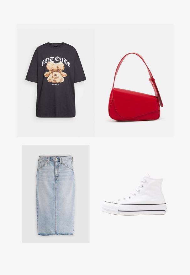 Musthave musta t-särk, millel on karu graafika ja tekst "EI NII NÄDALA, KUID MÄRG" paksult valgete tähtedega. Puuvillane materjal.; Heledad sinine teksaskirt midi sirgusega, esikülje taskud ja kulunud äär. Omab vööloopide ja keskse esiseema detaili.; Valge kõrgem kangast tenniseking, millel on must kummist tald, ees kummist varvasetugi ja kuus aukku paelte jaoks, pakkudes puhta ja minimalistliku disaini.; Punane nahast käekott, millel on nurkadega geomeetriline disain. Omab ühte reguleeritavat rihma ja klappidega sulgemist, millel on õmblustega kaunistused.