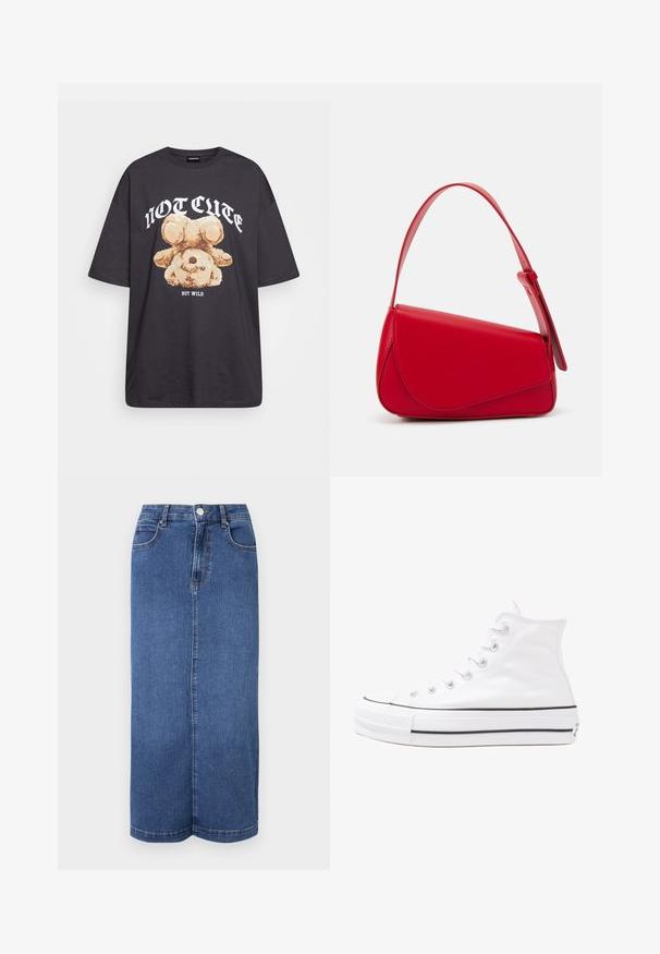 Černé oversized tričko s grafikou medvěda a textem „NENÍ CUTE, ALE DIVOKÝ“ v tučném bílém písmu. Bavlněný materiál.; Džínová maxi sukně v tmavě modré barvě, se rovnými liniemi, pasem s knoflíkovým zapínáním a minimálními švy.; Bílé vysoké plátěné tenisky s černou gumovou podrážkou, přední gumovou špičkou a šesti očky na tkaničky, se čistým, minimalistickým designem.; Červená kožená kabelka s ostrým, geometrickým designem. Má jeden nastavitelný popruh a klopu s prošívanými detaily.
