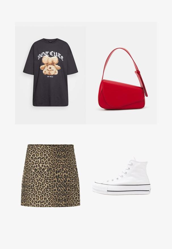 Svart oversized t-shirt med en grafik av en björn och texten "INTE SÖT MEN VILD" i fet, vit lettering. Tillverkad av bomull.; Leopardmönstrad minikjol i beige och svart, tillverkad av mjukt tyg med en slät yta och rak passform, med ett enkelt midjeband.; Vit hög topp canvas sneaker med svart gummisulan, framsidan gummitåhätta och sex öglor för snören, med en ren, minimalistisk design.; Röd läderhandväska med en vinkelrät, geometrisk design. Har ett justerbart axelband och en klaffstängning med sydda detaljer.