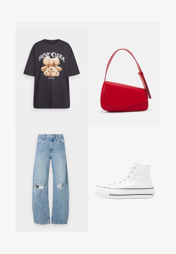 Black oversized t-shirt featuring a graphic of a bear with the text “NOT CUTE BUT WILD” in bold, white lettering. Cotton material.; Light blue, high-waisted jeans made of denim. Feature wide legs, two torn knee areas, and classic five-pocket styling.; White high-top canvas sneaker with black rubber sole, front rubber toe cap, and six eyelets for laces, featuring a clean, minimalist design.; Red leather handbag with an angular, geometric design. Features a single adjustable strap and a flap closure with stitched detailing.