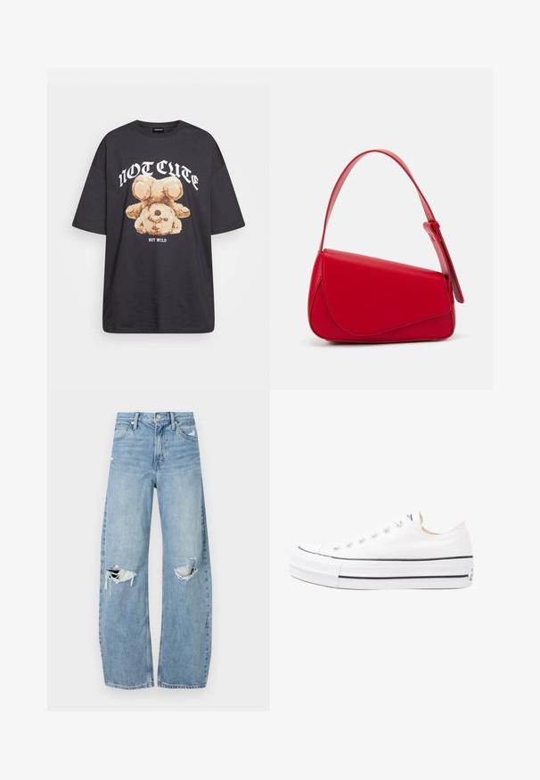 Svart oversized t-skjorte med en grafikk av en bjørn og teksten "IKKE SØT, MEN VILL" i fet, hvit skrift. Laget av bomull.; Lyseblå høytlivsjeans laget av denim. Har vide bein, to revne knær og klassisk fem-lommers design.; Hvite kanvas sneakers med gummisåle, lavt snitt, svarte detaljer langs sålen og rund tåhette. Har metalløyelister.; Rød lærveske med en vinklet, geometrisk design. Har en enkelt justerbar stropp og en klaffelukking med sydd detaljer.