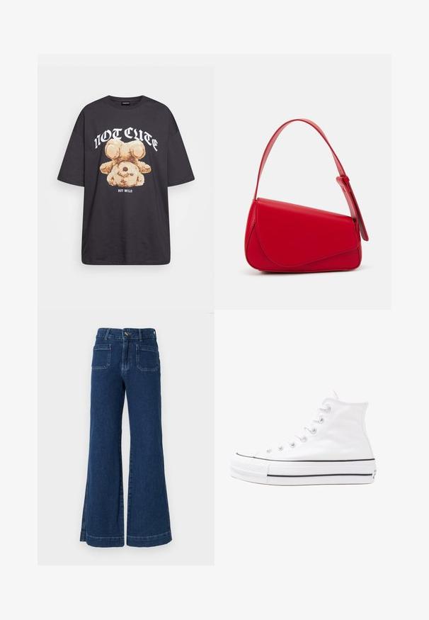 Melna, pārmērīga t-kreklu, kurā attēlots lācis ar uzrakstu "NAV MIERĪGS, BET VILKIS" treknos baltos burtiem. Izgatavots no kokvilnas materiāla.; Tumši zili platajās kājās džinsu bikses ar augstu jostasvietu, divām aizmugurējām kabatām un nedaudz ietamborētām apakšmalām unikālam izskatam.; Balti augstie kanvas sporta apavi ar melnu gumijas zoli, priekšējo gumijas purngalu un sešām acīm lencēm, kuriem ir tīrs, minimālistisks dizains.; Sarkans ādas rokassomi ar stūrainu, ģeometrisku dizainu. Iekļauj vienu regulējamu siksnu un vāku ar izšūtu detaļu.