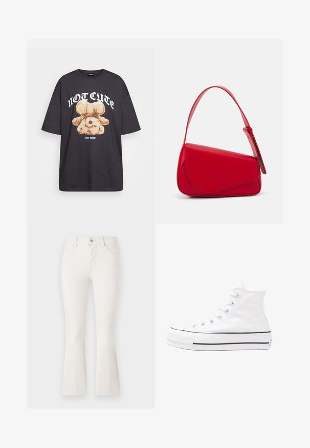Black oversized t-shirt featuring a graphic of a bear with the text “NOT CUTE BUT WILD” in bold, white lettering. Cotton material.; White flared jeans made of denim with a fitted waist, five pockets, and a front zipper closure. Smooth texture and a clean design.; White high-top canvas sneaker with black rubber sole, front rubber toe cap, and six eyelets for laces, featuring a clean, minimalist design.; Red leather handbag with an angular, geometric design. Features a single adjustable strap and a flap closure with stitched detailing.