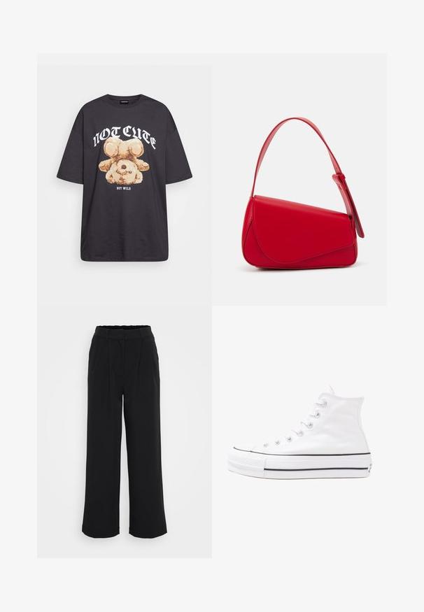 Melna, pārmērīga t-kreklu, kurā attēlots lācis ar uzrakstu "NAV MIERĪGS, BET VILKIS" treknos baltos burtiem. Izgatavots no kokvilnas materiāla.; Melnie platišas bikses ar plašu kāju dizainu, izgatavotas no gludas auduma, ar savelkamu priekšpusi, elastīgu jostu un bez redzamām kabatām vai metāla elementiem.; Balti augstie kanvas sporta apavi ar melnu gumijas zoli, priekšējo gumijas purngalu un sešām acīm lencēm, kuriem ir tīrs, minimālistisks dizains.; Sarkans ādas rokassomi ar stūrainu, ģeometrisku dizainu. Iekļauj vienu regulējamu siksnu un vāku ar izšūtu detaļu.