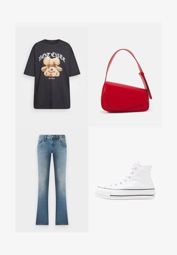 Musthave musta t-särk, millel on karu graafika ja tekst "EI NII NÄDALA, KUID MÄRG" paksult valgete tähtedega. Puuvillane materjal.; Heled sinised laiemad teksad, mis on valmistatud denimist. Omab pleekinud pesu, viit taskut ning nööpidega sulgemist koos vöökonksudega vöökoht. ; Valge kõrgem kangast tenniseking, millel on must kummist tald, ees kummist varvasetugi ja kuus aukku paelte jaoks, pakkudes puhta ja minimalistliku disaini.; Punane nahast käekott, millel on nurkadega geomeetriline disain. Omab ühte reguleeritavat rihma ja klappidega sulgemist, millel on õmblustega kaunistused.