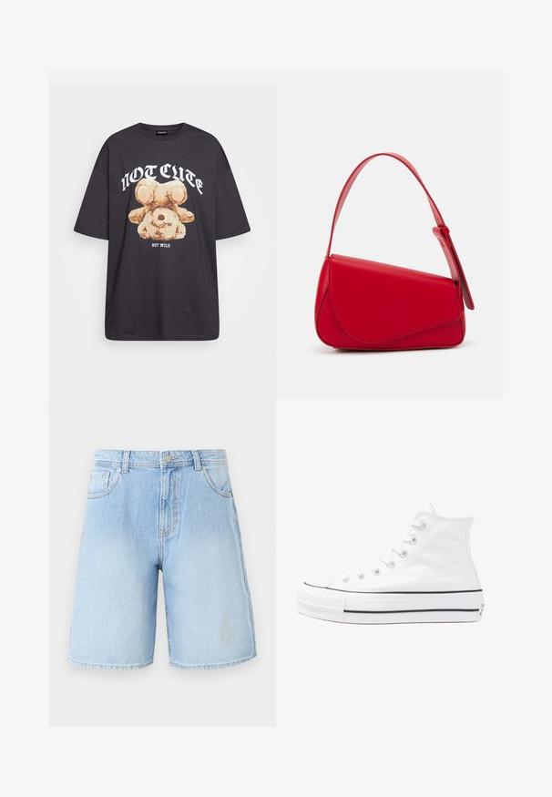 Tricou oversized negru featuring un grafic cu un urs și textul „NU E DRĂGUȚ DAR SUNT SĂLBATIC” în litere albe, îndrăznețe. Material din bumbac.; Shorts din denim de culoare albastru deschis, cu o croială dreaptă, cinci buzunare și închidere cu un buton la brâu. Spălare uzată cu detalii de cusătură vizibile.; Adidași albi tip pantofi sport cu glezna din pânză, cu talpă din cauciuc negru, capac de vârf din cauciuc frontal și șase ochiuri pentru șireturi, având un design curat și minimalist.; Geantă de mână din piele roșie, cu un design unghiular și geometric. Dispune de o singură curea ajustabilă și un sistem de închidere cu clapetă, cu detalii cusute.