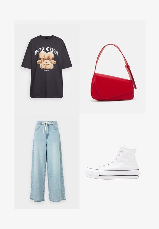 Schwarzes, übergroßes T-Shirt mit einem Grafikdruck eines Bären und dem Text "NICHT SÜß, SONDERN WILD" in fetter, weißer Schrift. Baumwollmaterial.; Hellblaue, weit geschnittene Jeans mit einem elastischen Bund und einem Kordelzug. Verfügt über klassische Taschen und eine ausgewaschene Denim-Textur.; Weiße hochwertige Leinensneaker mit schwarzer Gummisohle, vorderem Gummizehenschutz und sechs Ösen für Schnürsenkel, die ein sauberes, minimalistisches Design aufweisen.; Rote Lederhandtasche mit einem kantigen, geometrischen Design. Verfügt über einen verstellbaren Schulterriemen und einen Klappenverschluss mit genähten Details.