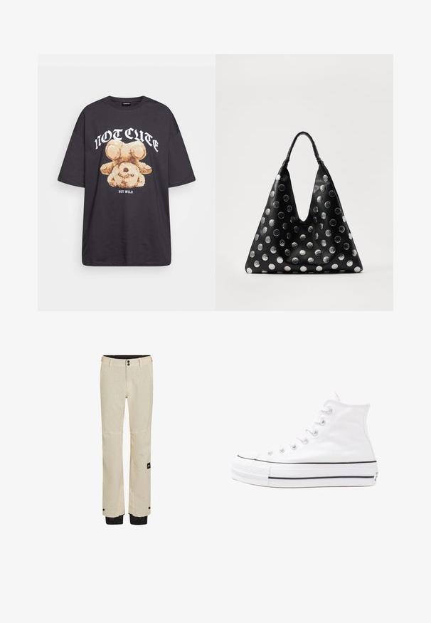 Černé oversized tričko s grafikou medvěda a textem „NENÍ CUTE, ALE DIVOKÝ“ v tučném bílém písmu. Bavlněný materiál.; Beige lyžařské kalhoty s jemným texturovaným vzorem, s zipovými manžetami a černými akcenty na lemu. Obsahují dva knoflíky v oblasti pasu.; Bílé vysoké plátěné tenisky s černou gumovou podrážkou, přední gumovou špičkou a šesti očky na tkaničky, se čistým, minimalistickým designem.; Černá kožená taška trojúhelníkového tvaru, zdobená stříbrnými kovovými puntíky a texturovanou rukojetí. Celkově hladký povrch.