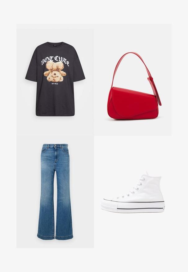 Mustat ylisuurent-paidat, joissa on karhun grafiikka ja teksti "EI SULOINEN VAAN VILLI" rohkealla valkoisella fontilla. Puuvillamateriaali.; Vaaleansiniset vyötäröltä avaruusmaiset farkut, valmistettu denim-kankaasta, joissa on korkea vyötärö, viisi taskua ja samansävyinen tikkiverkko, sekä raaka helmastus.; Valkoiset korkeavartiset kangaskengät mustalla kumipohjalla, edessä kuminen varvasosa ja kuusi nauha-aukkoa, puhtaan minimalistisella muotoilulla.; Punainen nahkalaukku, jossa on kulmikas, geometrinen muotoilu. Varustettu yhdellä säädettävällä hihnalla ja läpällä, jossa on ommeltu yksityiskohtia.