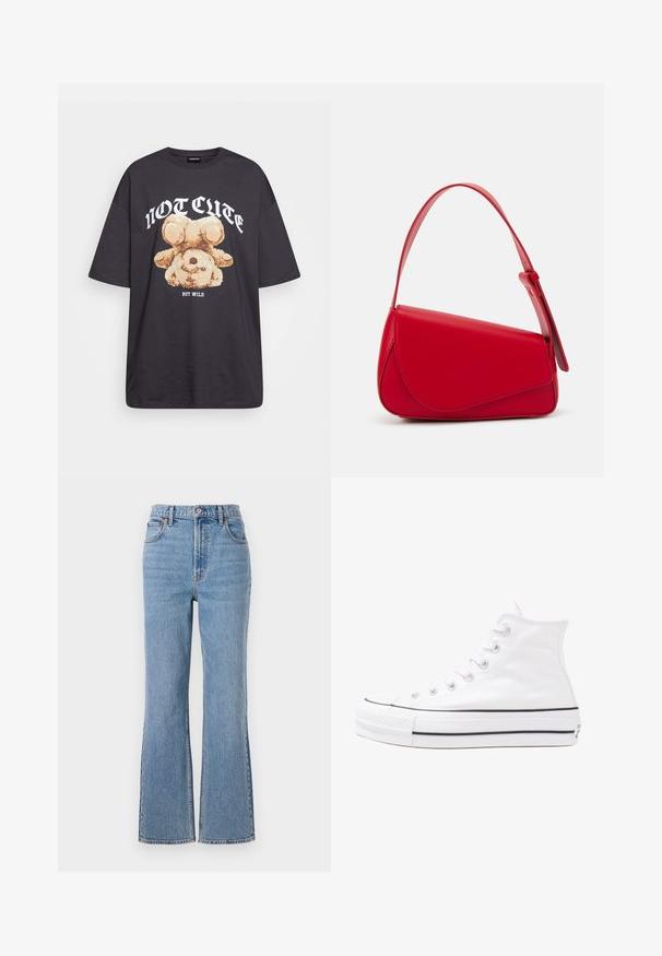 T-shirt nera oversize con una grafica di un orso e la scritta "NON CARINA MA SELVAGGIA" in grassetto, lettere bianche. Materiale in cotone.; Abercrombie & Fitch FRONT TO BACK TONAL STRAIGHT - Jeans baggy - blue denim; Sneaker alta in tela bianca con suola in gomma nera, punta in gomma frontale e sei asole per i lacci, caratterizzata da un design pulito e minimalista.; Borsa a tracolla in pelle rossa con un design angolare e geometrico. Presenta una singola tracolla regolabile e una chiusura a patta con dettagli cuciti.