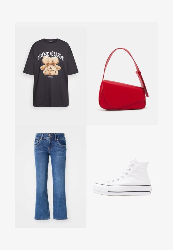 T-shirt oversized preto com uma gráfica de um urso e o texto "NÃO FOFO, MAS SELVAGEM" em letras brancas e em negrito. Material em algodão.; Jeans de ganga azuis boca de sino com um acabamento médio, apresentando dois bolsos frontais, um fecho de botão duplo e discretos detalhes de costura laranja.; Sapatilha alta de tela branca com sola de borracha preta, bico de borracha na frente e seis ilhós para os atacadores, apresentando um design limpo e minimalista.; Bolsa de mão em couro vermelho com um design angular e geométrico. Apresenta uma única alça ajustável e um fecho com aba, com detalhes cosidos.