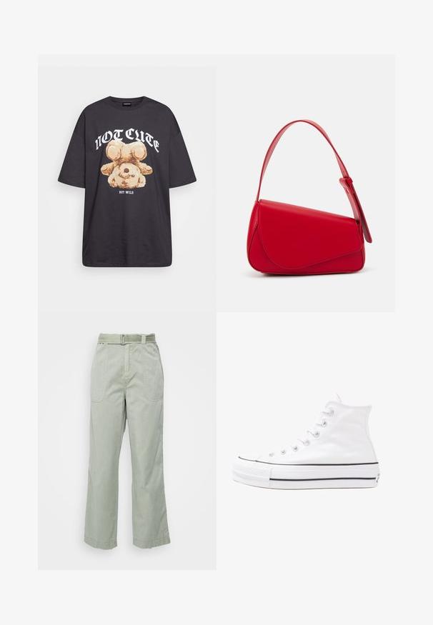 Juodas per didelis marškinėliai su bearo grafika ir tekstu "NE SIAUBINGA, BET NERAMUS" bold baltomis raidėmis. Pagaminta iš medvilnės.; Šviesiai žalia, plačių kojų kelnės, pagamintos iš medvilnės, su diržu juosmenyje, priekinėmis kišenėmis ir siūlėmis bei apvadu, siuvinėtų išsiuvinėtomis detalėmis.; Balti aukštakulniai drobės sportbačiai su juodu guminio pado, priekinio guminio piršto dangteliu ir šešiais akytėmis raištams, pasižymintys švariu, minimalistiniu dizainu.; Raudona odinė rankinė su kampuota, geometrine forma. Pasižymi viena reguliuojama dirželiu ir dangteliu su siuvinėtais dekoracijomis.