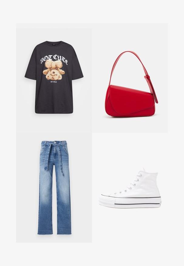 Crna oversized majica s grafikom medvjeda i natpisom "NIJE SLATKO, ALI DIVLJE" u podebljanim, bijelim slovima. Pamuk.; Svijetloplave traperice visokog struka s širokim nogavicama, s remenom na vezanje u struku i izblijedjelim pranjem.; Bijela visoka platnena tenisica s crnom gumenom potplatom, prednjim gumenim zaštitnikom prstiju i šest rupa za vezanje, s čistim, minimalističkim dizajnom.; Crvena kožna torba s kutnim, geometrijskim dizajnom. Ima jedan podesivi remen i preklopni zatvarač sa šivenim detaljima.