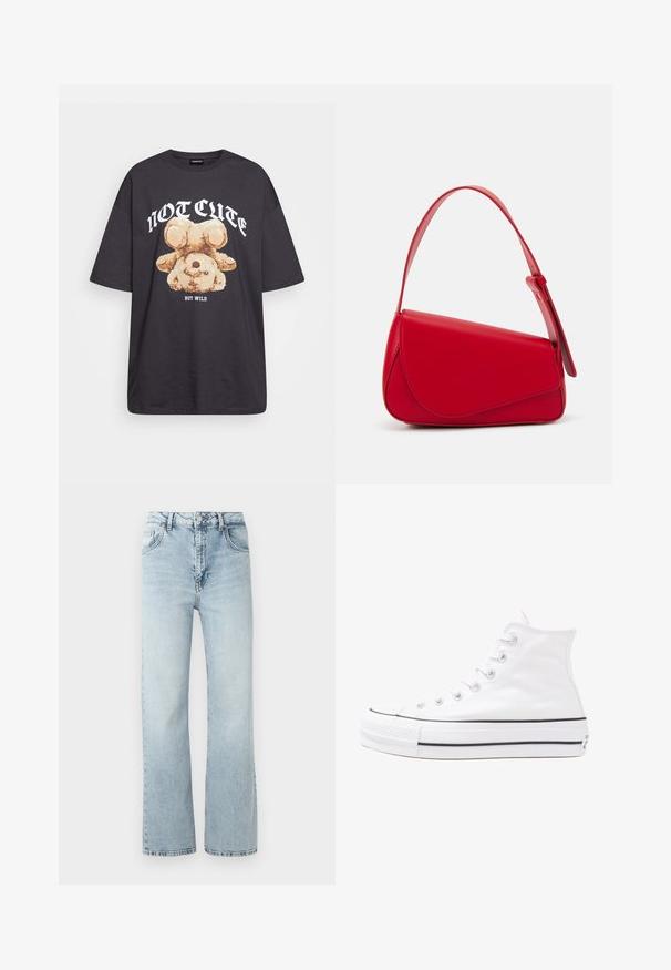 Musthave musta t-särk, millel on karu graafika ja tekst "EI NII NÄDALA, KUID MÄRG" paksult valgete tähtedega. Puuvillane materjal.; Heledad sinised teksapüksid kõrge vöökohaga, laiade säärte ja kerge kulumisega. Omab klassikalist viit taskut ning metallnuppe.; Valge kõrgem kangast tenniseking, millel on must kummist tald, ees kummist varvasetugi ja kuus aukku paelte jaoks, pakkudes puhta ja minimalistliku disaini.; Punane nahast käekott, millel on nurkadega geomeetriline disain. Omab ühte reguleeritavat rihma ja klappidega sulgemist, millel on õmblustega kaunistused.