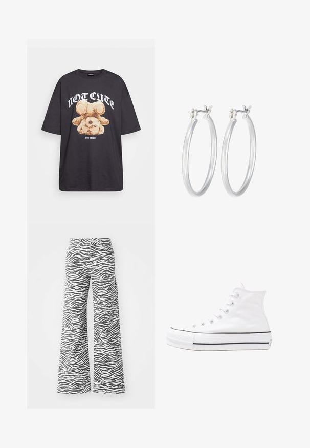 Czarny, oversize t-shirt z grafiką niedźwiedzia i napisem „NIE UROCZY, ALE DZIKI” w grubej, białej czcionce. Materiał bawełniany.; Spodnie w szerokim kroju wykonane z mieszanki bawełny, z czarno-białym wzorem w paski zebry, z kieszeniami z przodu i klasycznym zapięciem na guzik.; Białe wysokie trampki z płótna z czarną gumową podeszwą, przednim czubkiem z gumy i sześcioma dziurkami na sznurowadła, charakteryzujące się prostym, minimalistycznym designem.; Srebrne kolczyki w formie kółek o gładkim, polerowanym wykończeniu. O okrągłym kształcie i pewnym zapięciu na klik. Lekka konstrukcja odpowiednia do codziennego noszenia.